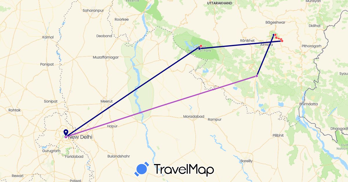 TravelMap itinerary: driving, train, hiking in India (Asia)